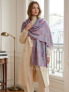 Cashmere wool - Pink Blue Paisley Pashmina Scarf Wrap